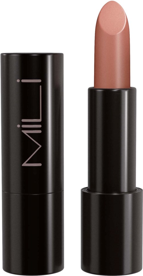 Ett beige läppstift i ett svart fodral med minimalistic vit branding på locket.