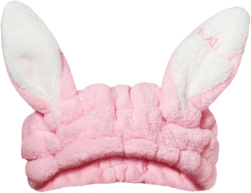 Tupsu pinkki pääpanta, jossa on valkoiset ja pinkit pupunkorvat.