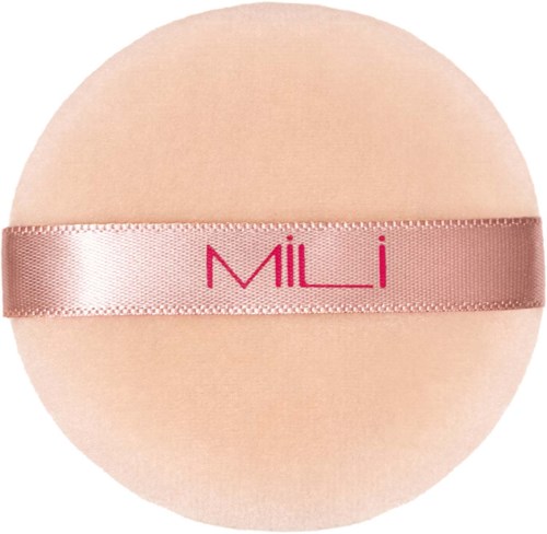 A round, soft makeup sponge with a pink ribbon and the word "Mili" on it.