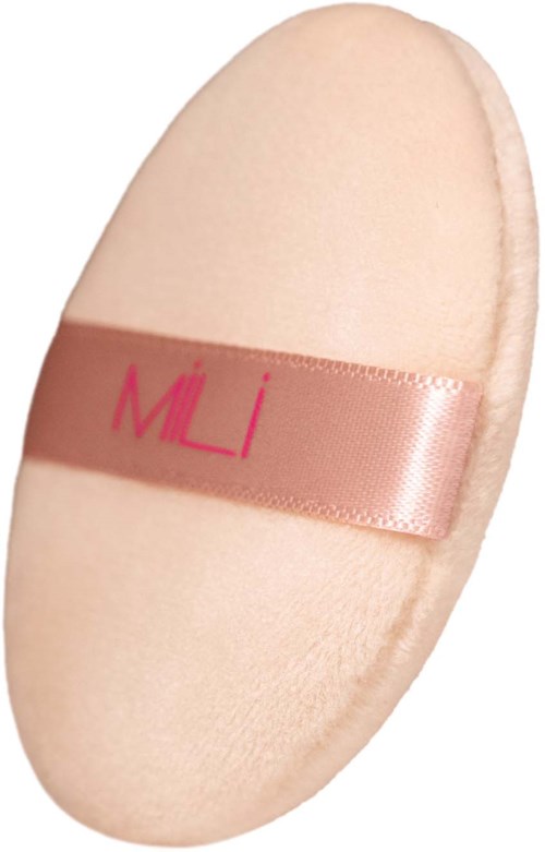 A soft, oval makeup sponge with a pink ribbon labeled 'MLi'.