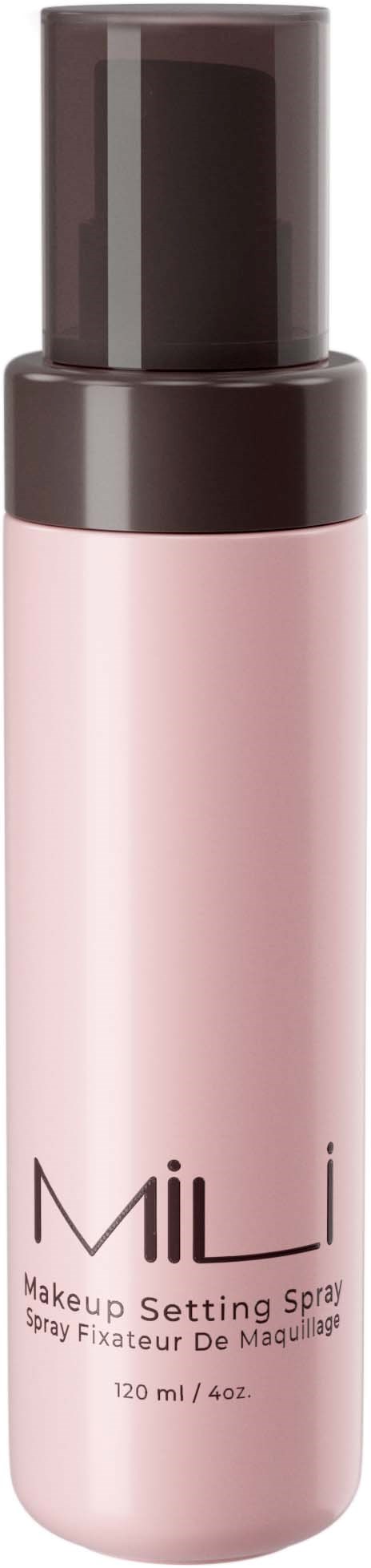 En rosa sylinderformet flaske med svart lokk merket 'MiLi Makeup Setting Spray'.