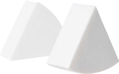 Two white pyramid-shaped objects with flat tops, possibly foam or soft material, against a black background.