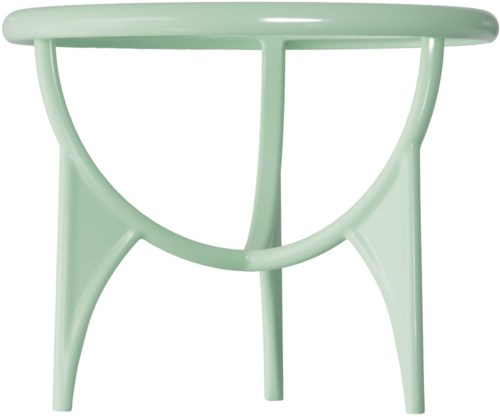 Een klein mintgroen tafel met gebogen poten en een ronde bovenkant.