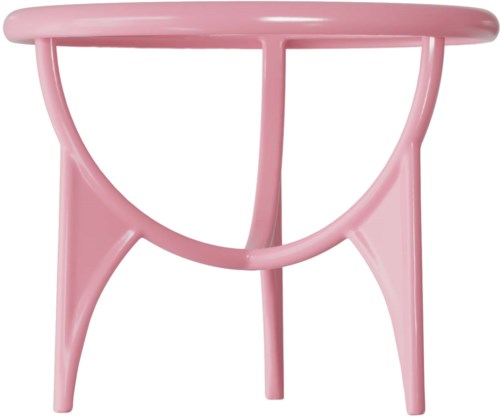 A pink stool with a simple, modern design featuring a rounded seat and curved legs.