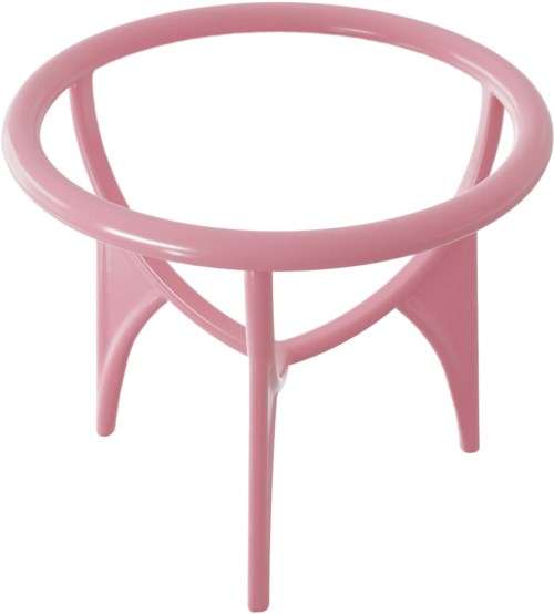 Pink round table with three legs and open top design.