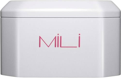 A white storage box with pink text that says 'MiLi' on the side.
