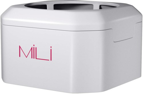 A white machine with a lid, labeled 'MiLi' in pink, likely a compact, modern device for household use.