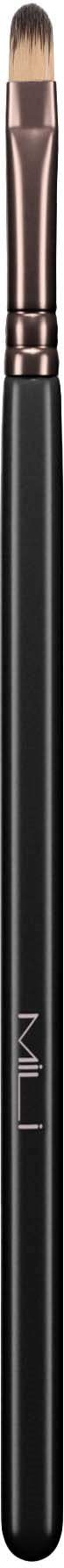 A long, thin makeup brush with black handle and rose gold ferrule. The brush has a rounded, fluffy tip.