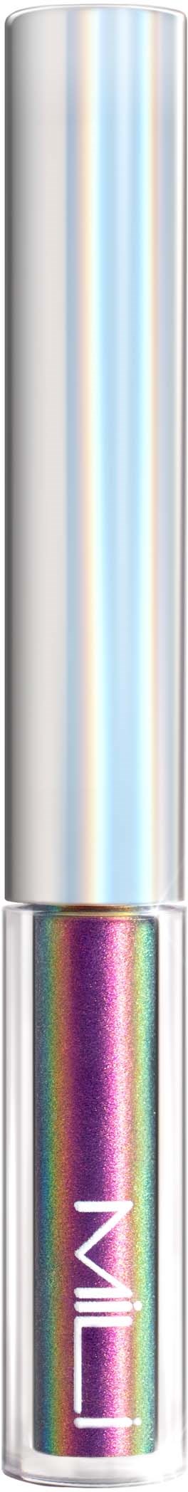 Holografische lippenstiftverpakking met zilveren en paarse tinten. Het heeft een glanzend oppervlak en een slanke vorm.