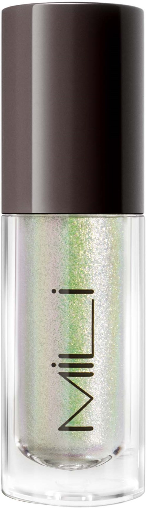 A clear bottle with green glitter and a black cap, featuring the word 'MILK' vertically on the label.