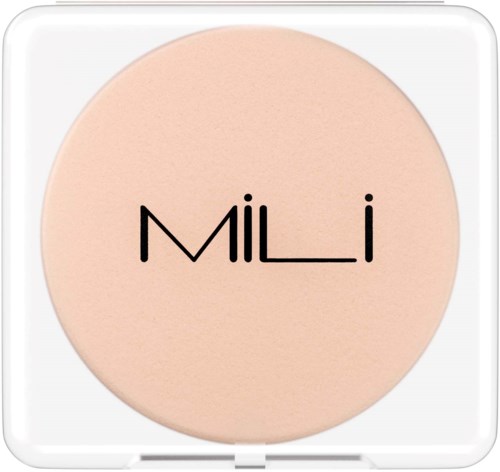 A round, peach-colored makeup compact with the brand name 'MILLI' in black letters.