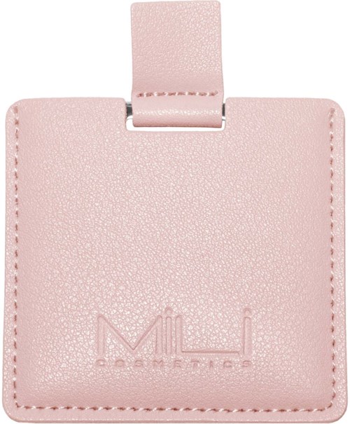 A pink cosmetic bag with a textured surface and a strap at the top, featuring a logo that says 'MLU COSMETICS.'