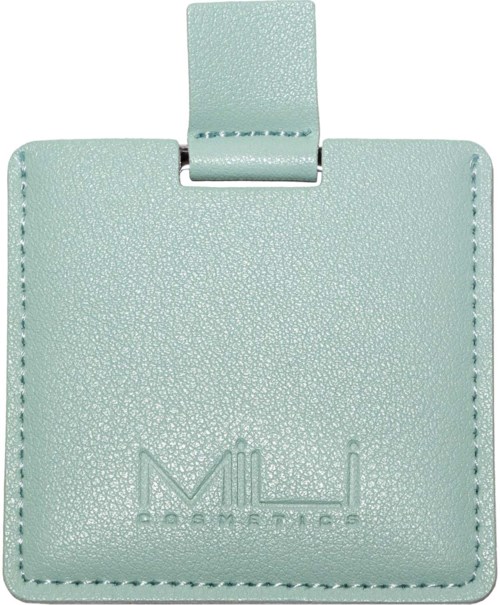 A light blue cosmetic bag with a textured surface, a tab closure, and the logo 'MILU COSMETICS' embossed on it.