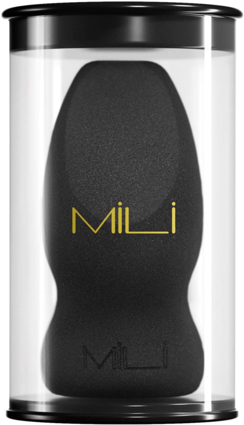 A black product inside a clear cylindrical container with yellow text reading 'MiLi'.