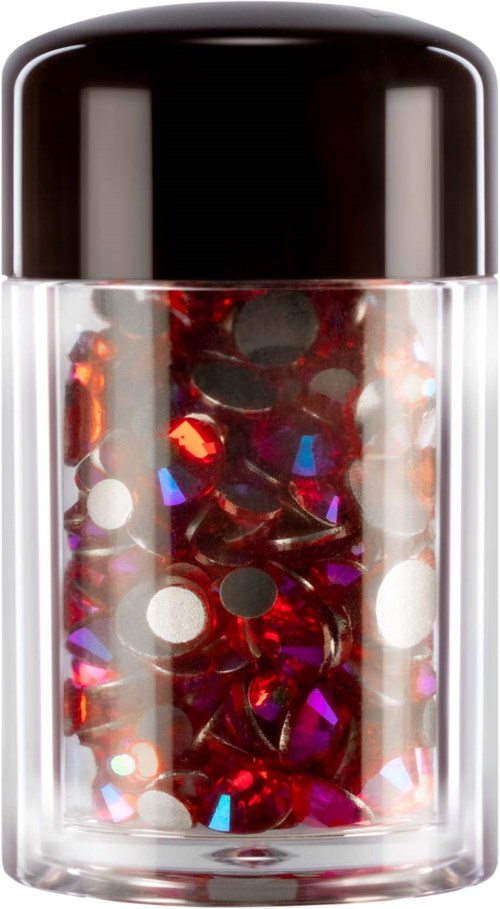 A small clear container filled with red and iridescent nail art rhinestones, with a black lid on top.