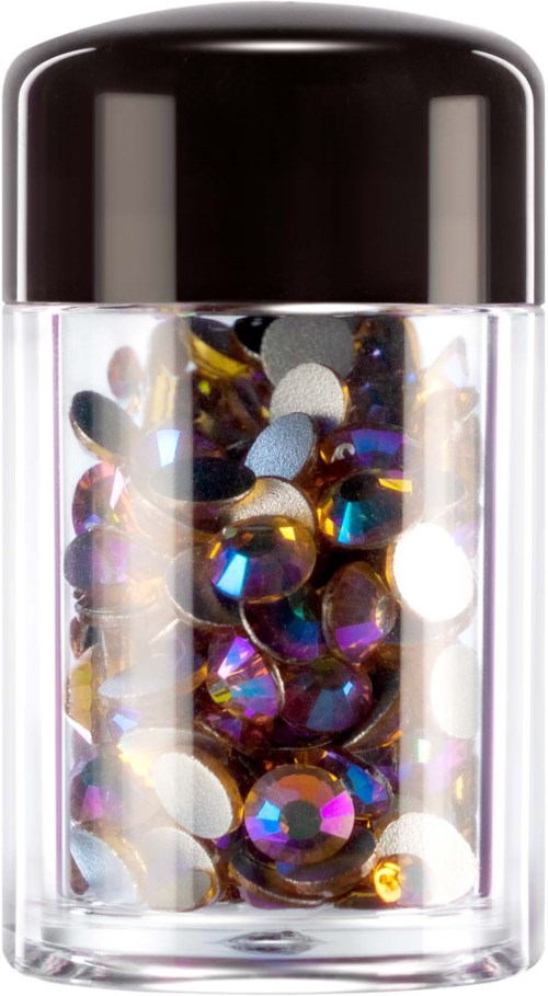 A small glass container with shiny, colorful gems inside and a black lid.