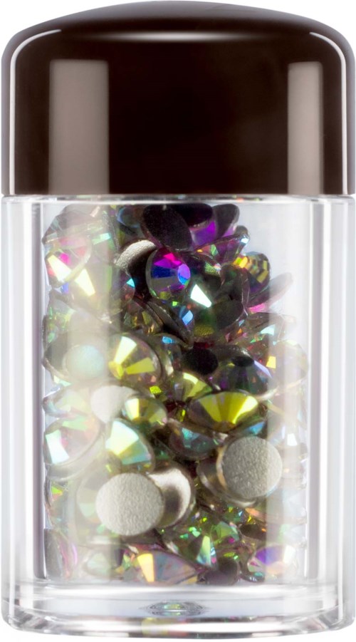 A small, clear container with a black lid, filled with shiny, colorful stones and white beads.
