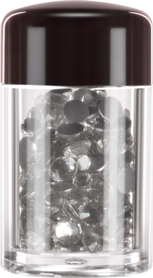 A small transparent container filled with shiny metallic balls. It has a dark lid on top.