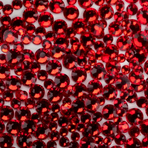 Many small shiny red rhinestones are closely packed together, creating a sparkling, textured surface.