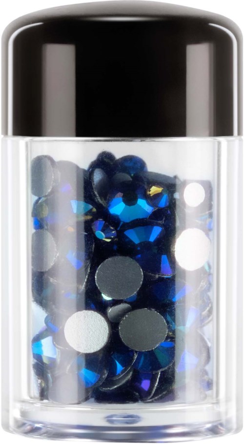 Small clear container filled with blue and silver decorative stones or beads, with a black lid.