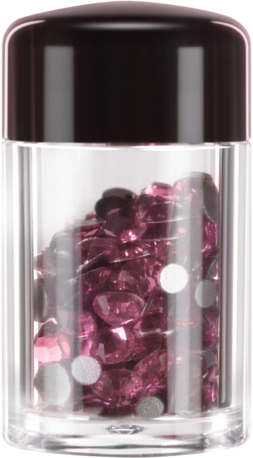 A clear plastic container with a black lid filled with pink and black stones or gems.
