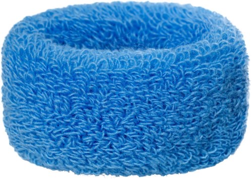 A fluffy, soft blue towel roll in a circular shape.