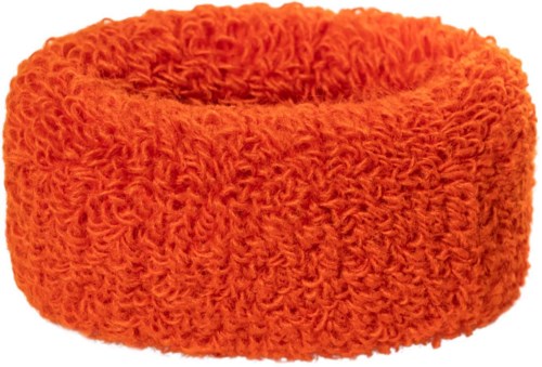 En fluffig, orange, cirkulär pannband gjord av mjukt, lockigt tyg. Det ser varmt och bekvämt ut.