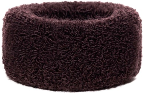 A dark brown, fluffy hair tie or scrunchie, circular in shape, made of soft, textured fabric.