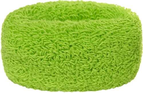 A bright green fluffy cleaning scrubber with a round shape and soft, textured surface.