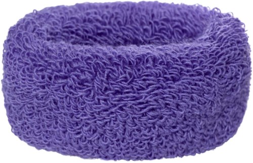 A purple, fluffy, circular scrubber made of soft, curly fibers for cleaning. It is used in bathrooms or kitchens.