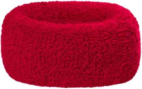 A bright red, soft, curly scrunchie made of cloth for hair. It is round and thick.