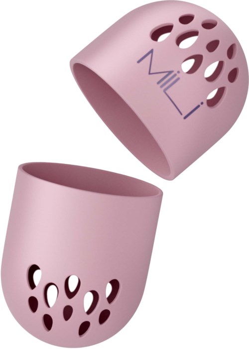 Lys rosa silikonbeholder med hull, merket "Mili". Den ser ut til å være en oppbevaringsholder for kjøkken eller bad.