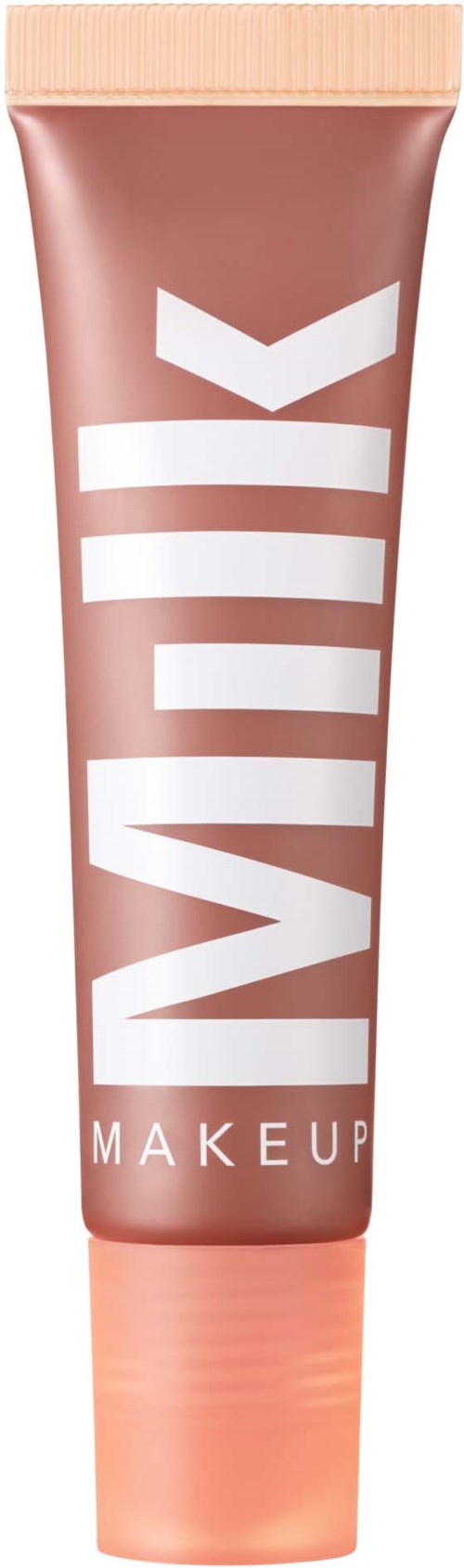 En tube med makeup i rosa-brunt med stor hvit tekst som sier "VIK" og "MAKEUP."
