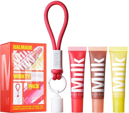 Lippenbalsemset met sleutelring, drie tubes in verschillende kleuren en een displaydoos.