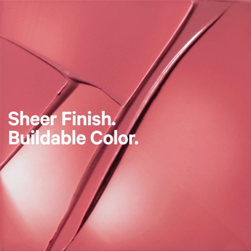 Lichtroze verf met de woorden "Sheer Finish. Buildable Color." in het wit.