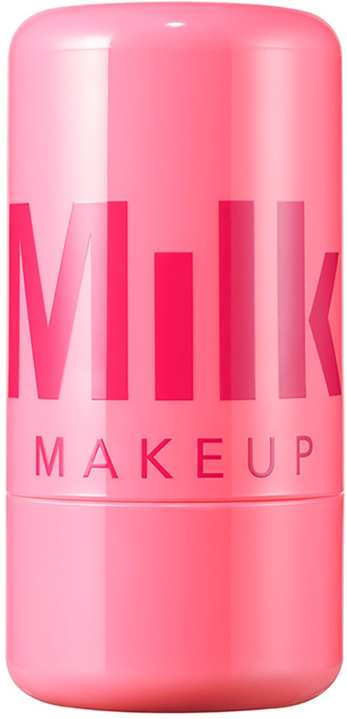 Ein rosa Make-up-Stick mit großen roten Buchstaben, die 'MILK' buchstabieren, und kleinerem Text 'MAKEUP'.