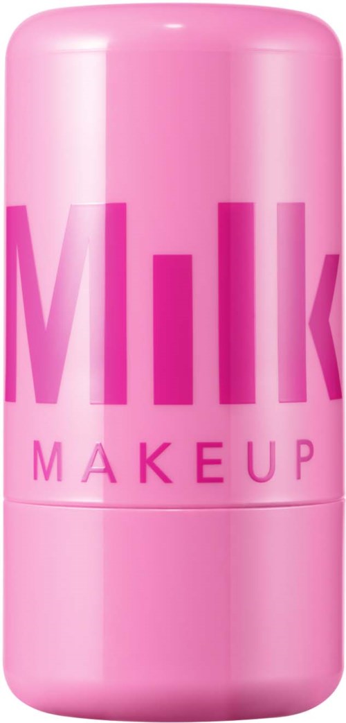 Rosa zylindrischer Behälter mit den Worten "Milk Makeup" in großen rosa Buchstaben.