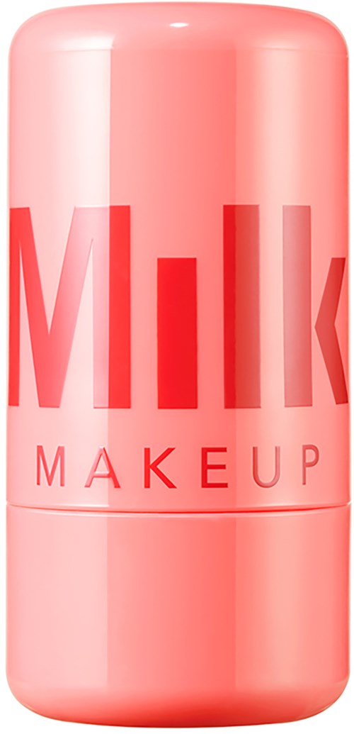 Een roze make-upstick met grote rode letters die 'MILK MAKEUP' spellen.