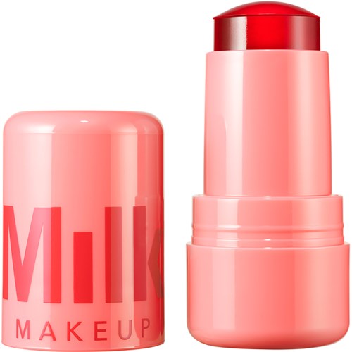 Een roze stick met een rood bovenstuk en een bijpassende roze container met vette rode letters.