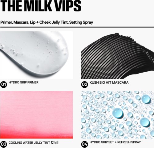 Bild som visar fyra skönhetsprodukter: en vit primer med bubblor, svart mascara med ridser, rosa gelétinta och vattendroppar.