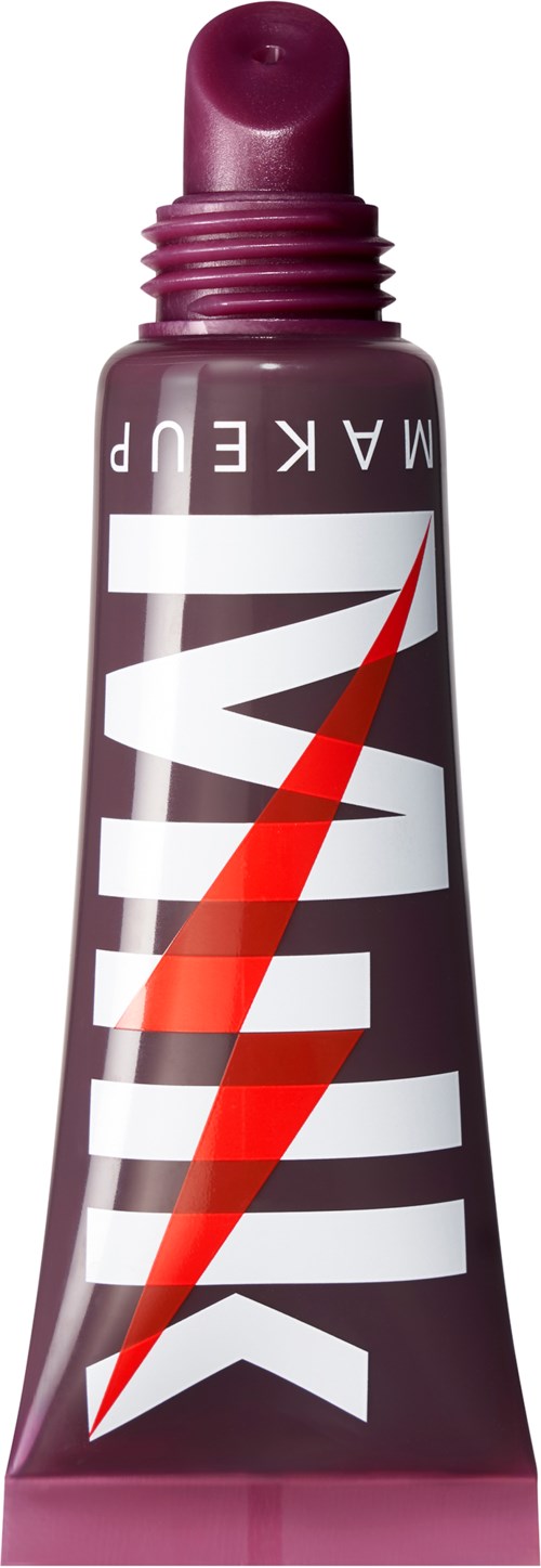 A tube of purple lipstick with a red zigzag design and white text on it.