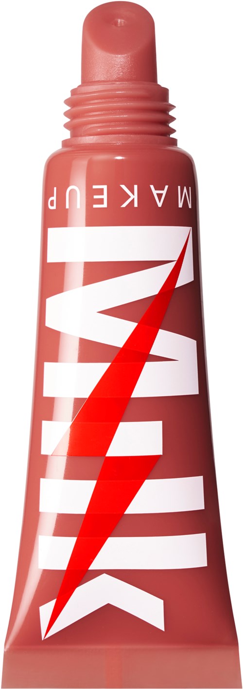 A pink tube with a red lightning bolt and white letters spelling 'MAKELUP'.