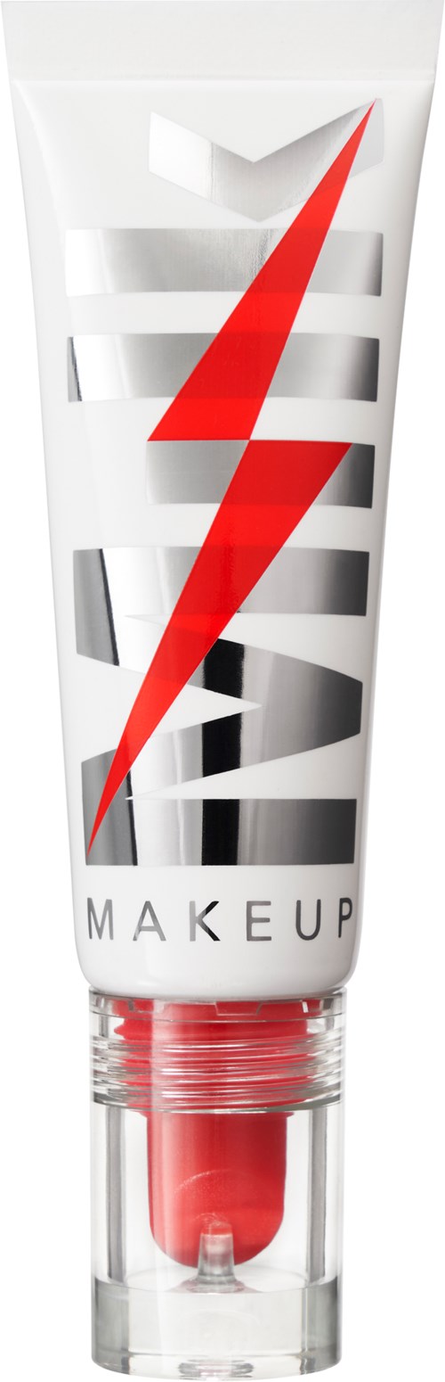 A white tube with a red lightning bolt, black and white text, and the word 'MAKEUP' at the bottom.