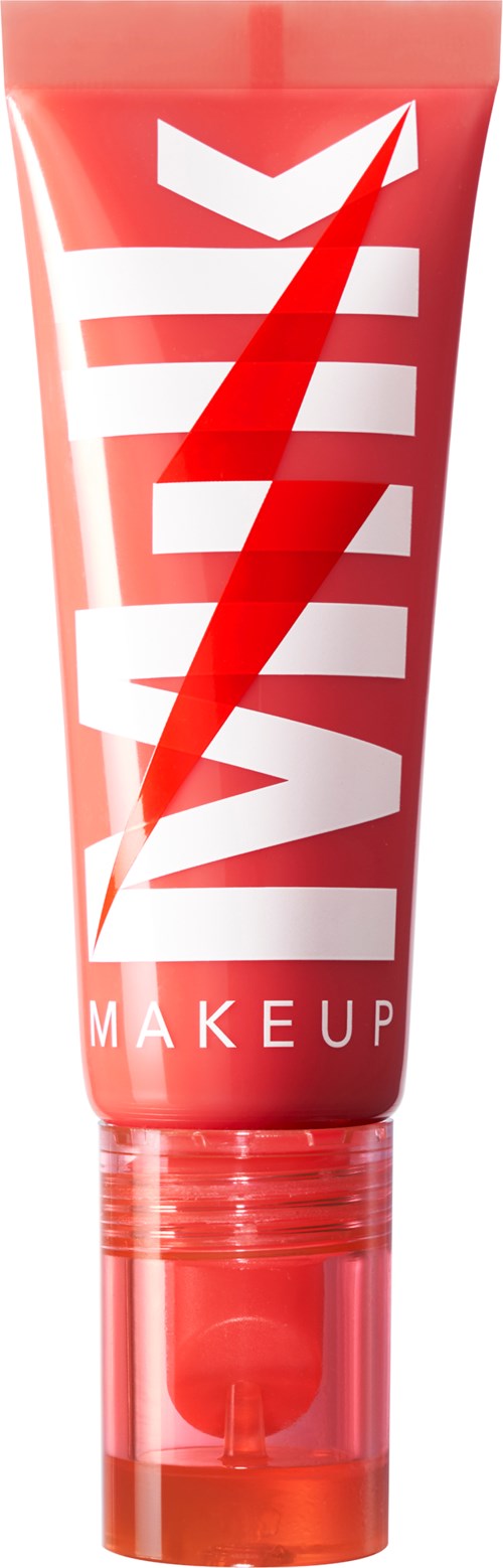 Luminous pink tube with a bold white lightning bolt and the word "MAKEUP" written near the bottom.