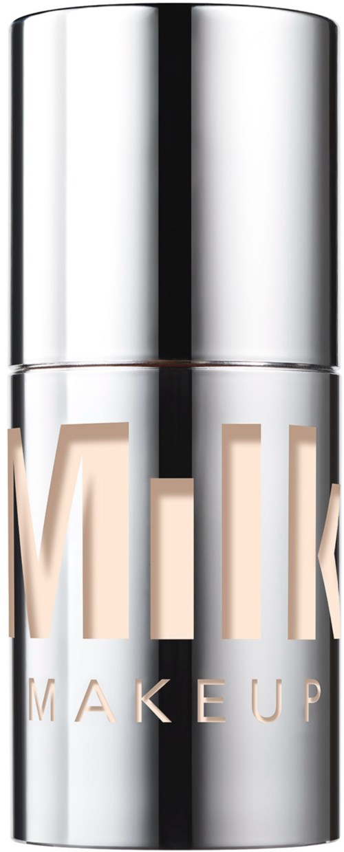 A silver lipstick container with the word 'Makeup' on it, shiny and reflective.
