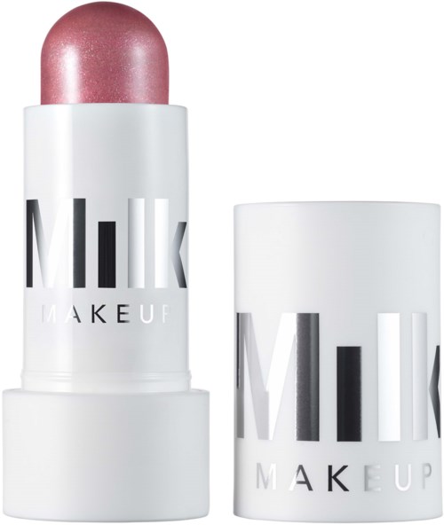 Ljusrosa skimrande makeup-stift och matchande behållare med Milk Makeup-logga.