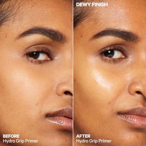 Zij-aan-zij beelden tonen het gezicht van een persoon voor en na het aanbrengen van een make-up product met een glanzende afwerking.