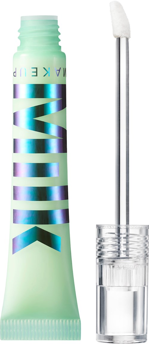 Ein mintgrüner Lipgloss-Tubus mit silberner Akzent und Applikator daneben.