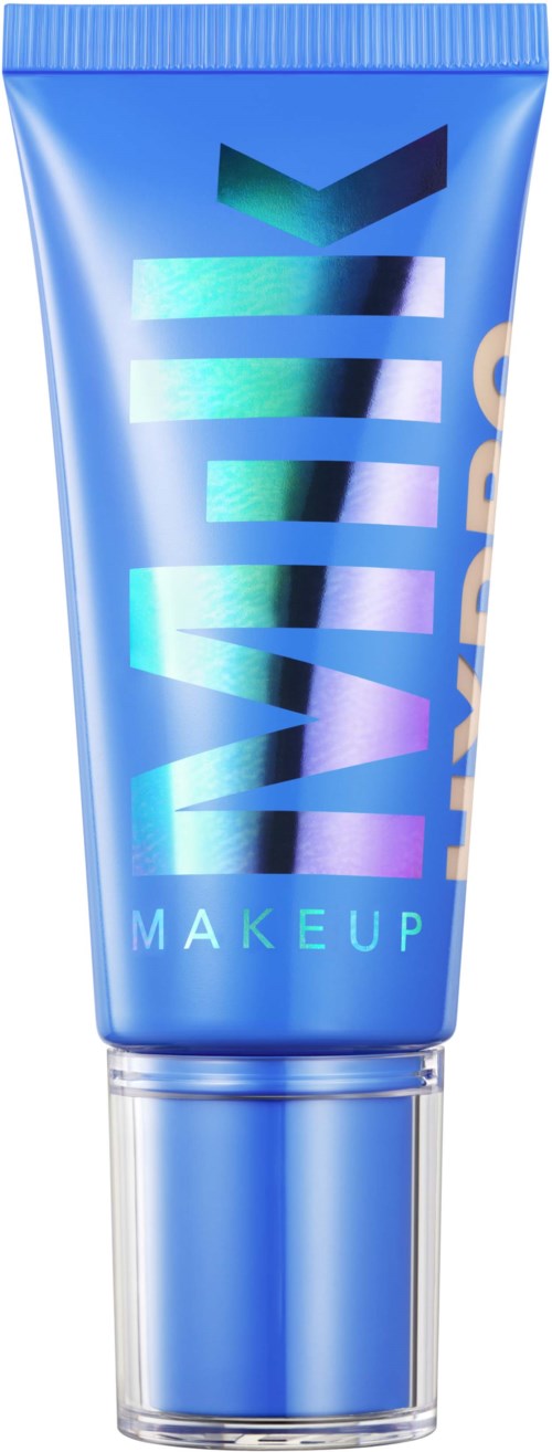 Eine blaue Make-up-Tube mit reflektierendem lila und grünem Text 'WAVES'.