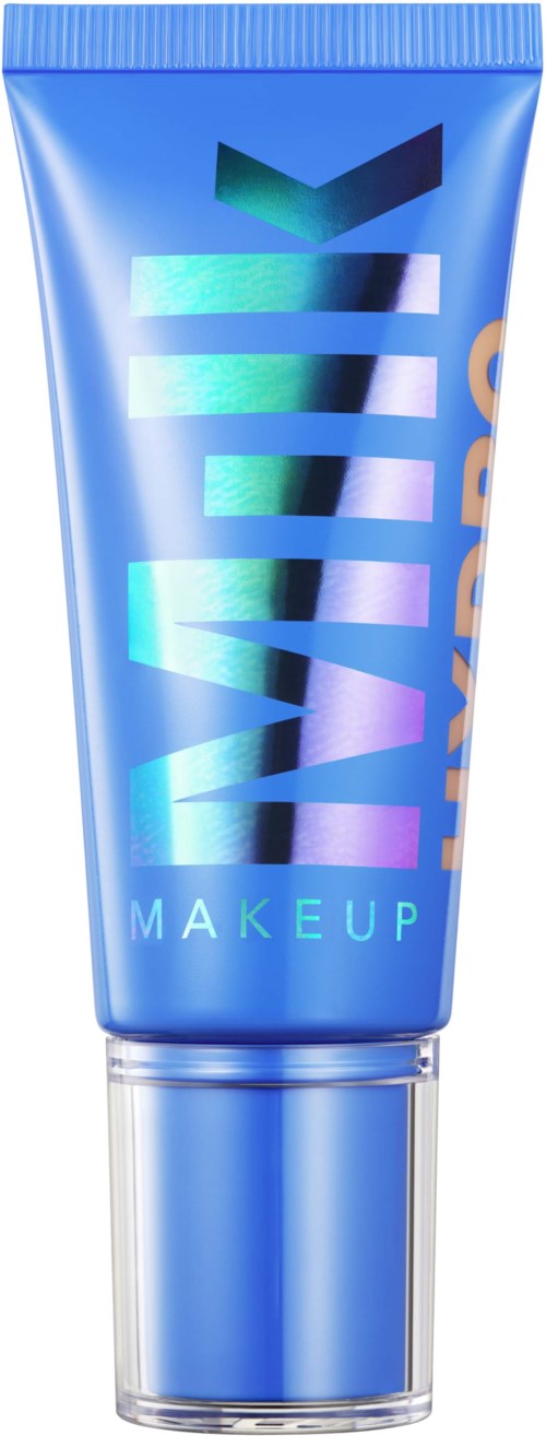 Blaues Make-up-Röhrchen mit schimmerndem, holografischem Text und silberner Kappe.